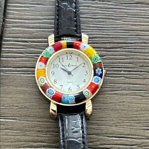 Colorful Floral Watch with Black Leather Strap